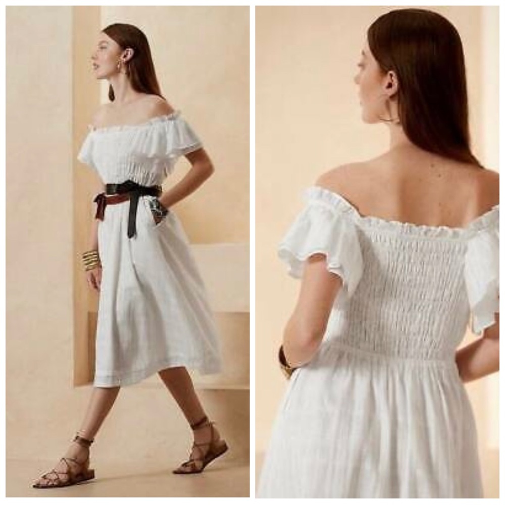 Banana Republic White Smocked Chest Fit & Flare Dress with Ruffle Sleeves